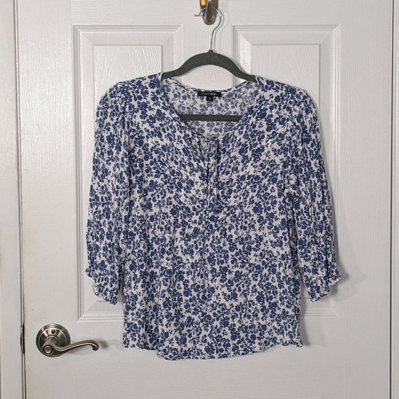 Papermoon Addley Clip Dot Woven Blue&White Floral 3/4 Sleeve Rayon Blouse Size S - Picture 2 of 8